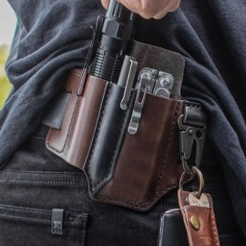 Men EDC Genuine Leather Multitool Flashlight Key Pen Organizer Gear Waist Belt Bag