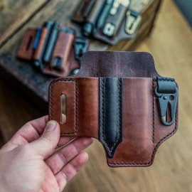 Men EDC Genuine Leather Multitool Flashlight Key Pen Organizer Gear Waist Belt Bag