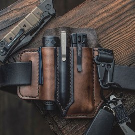 Men EDC Genuine Leather Multitool Flashlight Key Pen Organizer Gear Waist Belt Bag