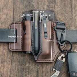 Men EDC Genuine Leather Multitool Flashlight Key Pen Organizer Gear Waist Belt Bag