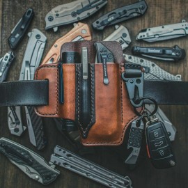 Men EDC Genuine Leather Multitool Flashlight Key Pen Organizer Gear Waist Belt Bag