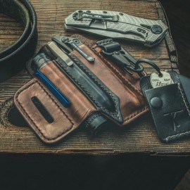 Men EDC Genuine Leather Multitool Flashlight Key Pen Organizer Gear Waist Belt Bag