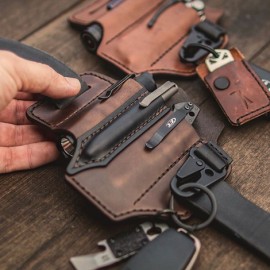 Men EDC Genuine Leather Multitool Flashlight Key Pen Organizer Gear Waist Belt Bag