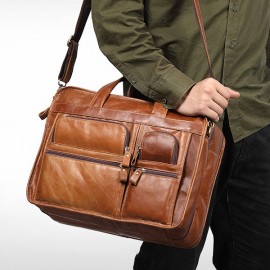 Men Genuine Leather 13.3 Inch Laptop Briefcase Business Laptop Bag Vintage Shoulder Bag