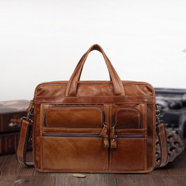 Men Genuine Leather 13.3 Inch Laptop Briefcase Business Laptop Bag Vintage Shoulder Bag
