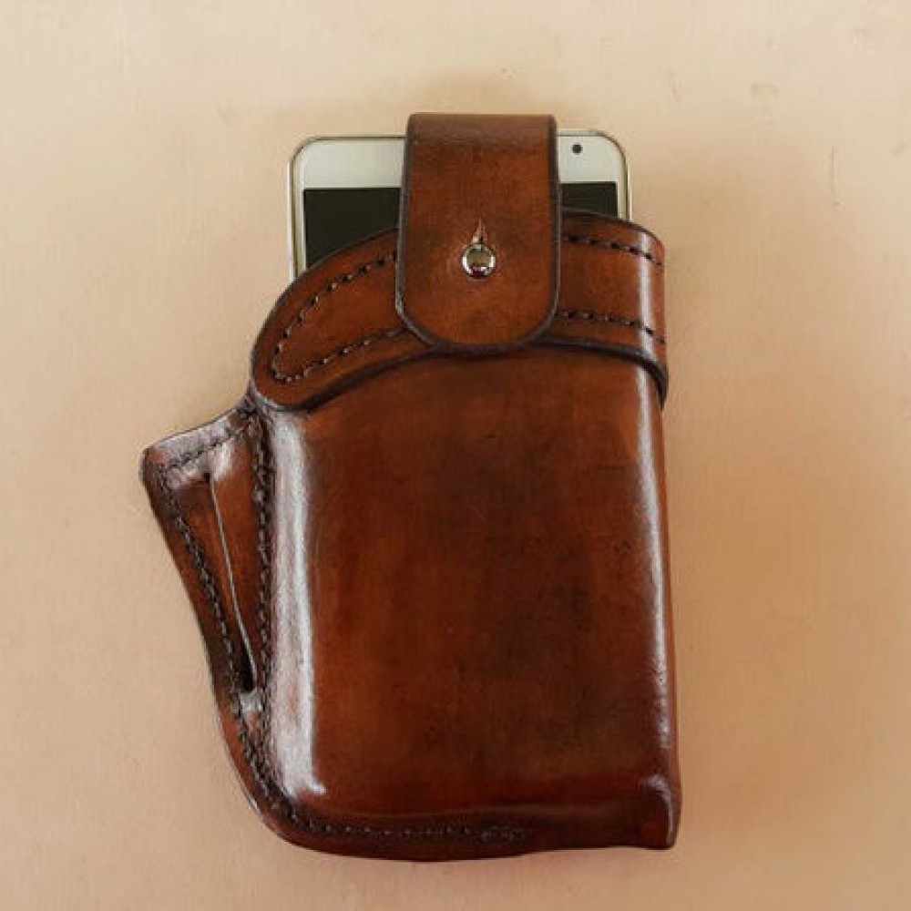 Men Genuine Leather 6.3 Inch EDC Retro Short Cell Phone Case Belt Bag