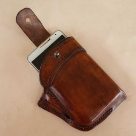 Men Genuine Leather 6.3 Inch EDC Retro Short Cell Phone Case Belt Bag