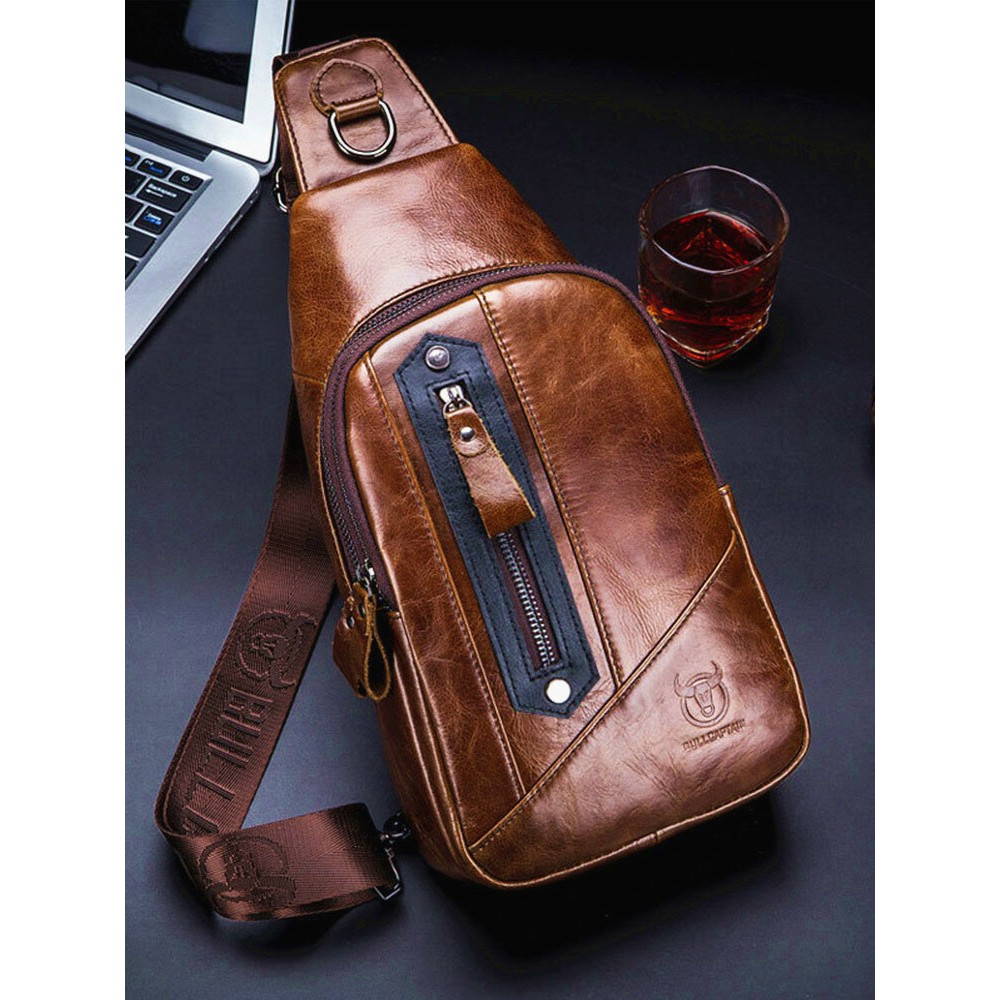 Men Genuine Leather Business Retro Chest Bag Crossbody Bag Sling Bag
