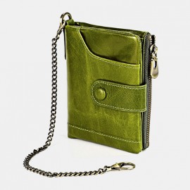 Men Genuine Leather Chain RFID Double Zipper Retro Multi-pocket Solid Wallet