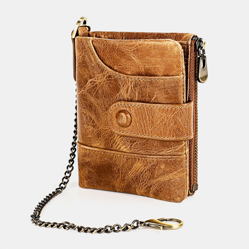 Men Genuine Leather Chain RFID Double Zipper Retro Multi-pocket Solid Wallet
