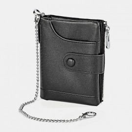 Men Genuine Leather Chain RFID Double Zipper Retro Multi-pocket Solid Wallet