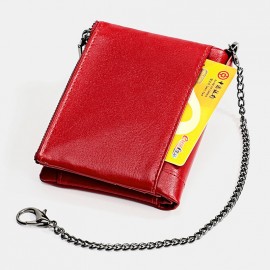 Men Genuine Leather Chain RFID Double Zipper Retro Multi-pocket Solid Wallet