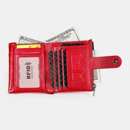 Men Genuine Leather Chain RFID Double Zipper Retro Multi-pocket Solid Wallet