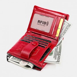 Men Genuine Leather Chain RFID Double Zipper Retro Multi-pocket Solid Wallet
