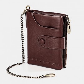 Men Genuine Leather Chain RFID Double Zipper Retro Multi-pocket Solid Wallet
