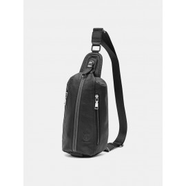 Men Genuine Leather Cow Leather Earphone Hole Crossbody Bag Chest Bag