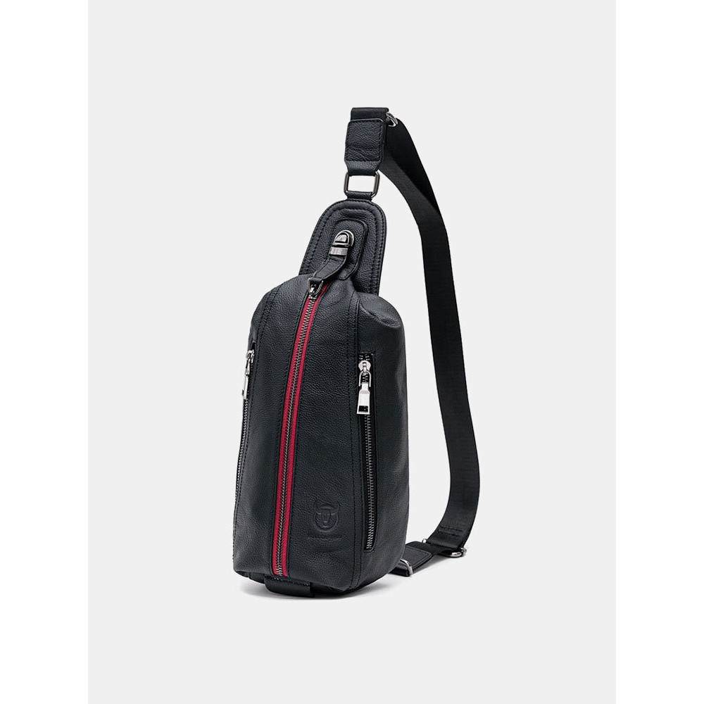 Men Genuine Leather Cow Leather Earphone Hole Crossbody Bag Chest Bag