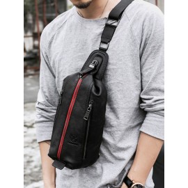 Men Genuine Leather Cow Leather Earphone Hole Crossbody Bag Chest Bag
