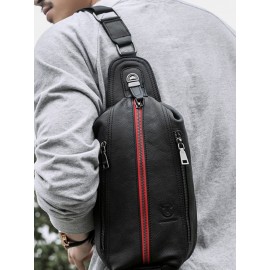 Men Genuine Leather Cow Leather Earphone Hole Crossbody Bag Chest Bag