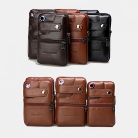 Men Genuine Leather EDC Earphone Hole 6.5 Inch Phone Bag Crossbody Bag Belt Bag