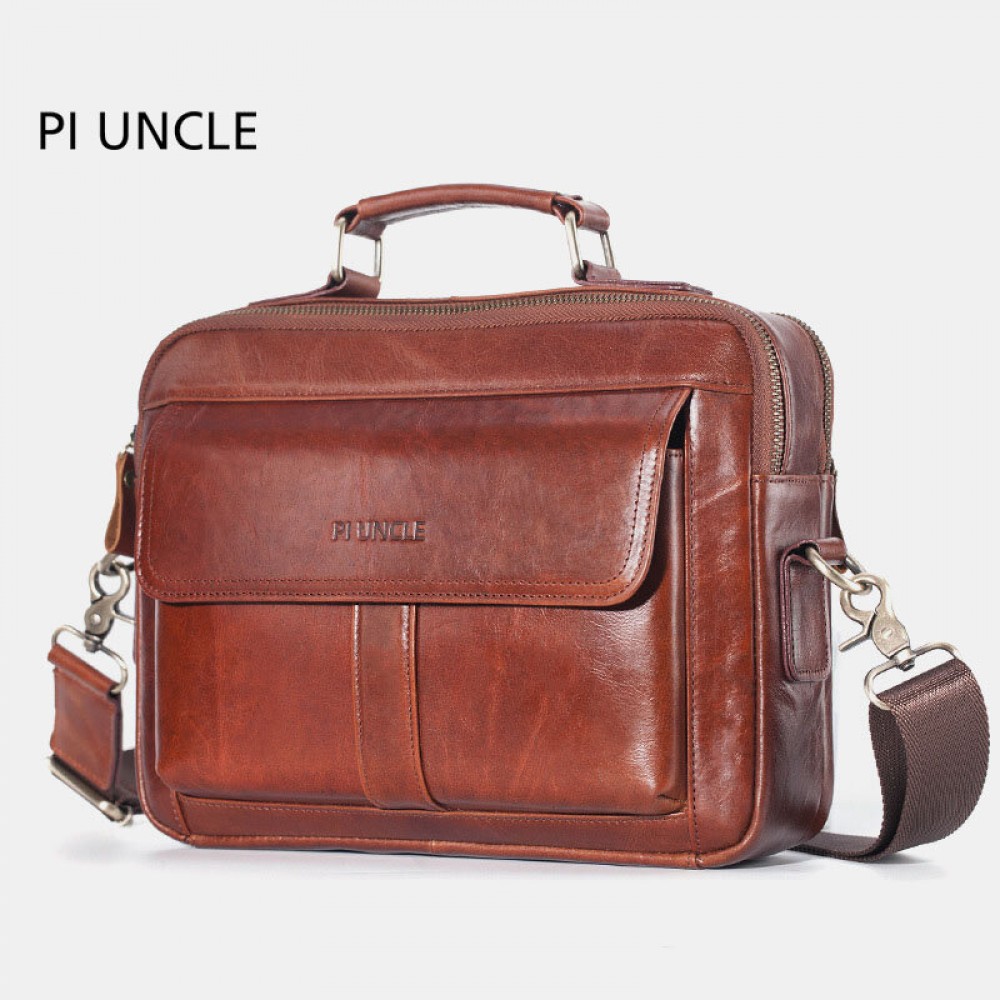 Men Genuine Leather Laptop Bag Solid Crossbody Bag