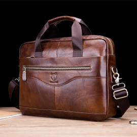 Men Genuine Leather Laptop Briefcase Crossbody Bag