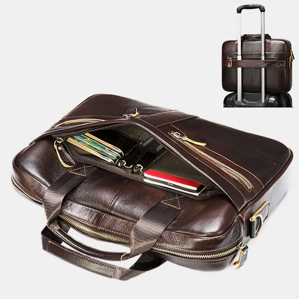 Men Genuine Leather Multi-pocket 14 Inch Laptop Bag Briefcase Business Handbag Crossbody Bag