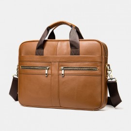 Men Genuine Leather Multi-pocket 14 Inch Laptop Bag Briefcase Business Handbag Crossbody Bag