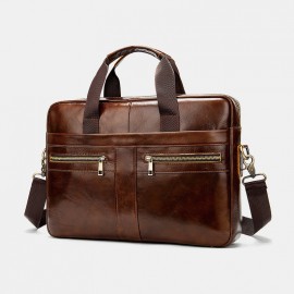 Men Genuine Leather Multi-pocket 14 Inch Laptop Bag Briefcase Business Handbag Crossbody Bag