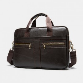 Men Genuine Leather Multi-pocket 14 Inch Laptop Bag Briefcase Business Handbag Crossbody Bag