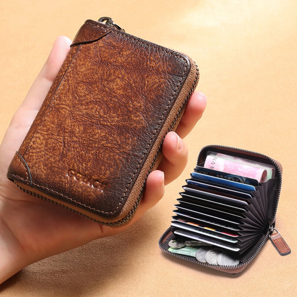 Men Genuine Leather Multi-slots RFID Anti-theft Retro Large Capacity Foldable Card Holder Wallet