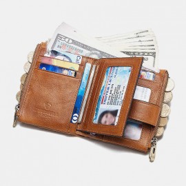 Men Genuine Leather RFID Chains Multi-slots Retro Large Capacity Foldable Card Holder Coin Wallet