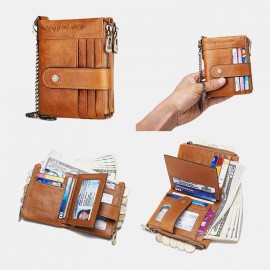 Men Genuine Leather RFID Chains Multi-slots Retro Large Capacity Foldable Card Holder Coin Wallet
