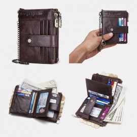 Men Genuine Leather RFID Chains Multi-slots Retro Large Capacity Foldable Card Holder Coin Wallet