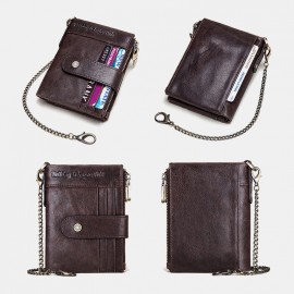 Men Genuine Leather RFID Chains Multi-slots Retro Large Capacity Foldable Card Holder Coin Wallet