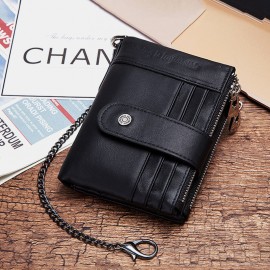 Men Genuine Leather RFID Chains Multi-slots Retro Large Capacity Foldable Card Holder Coin Wallet