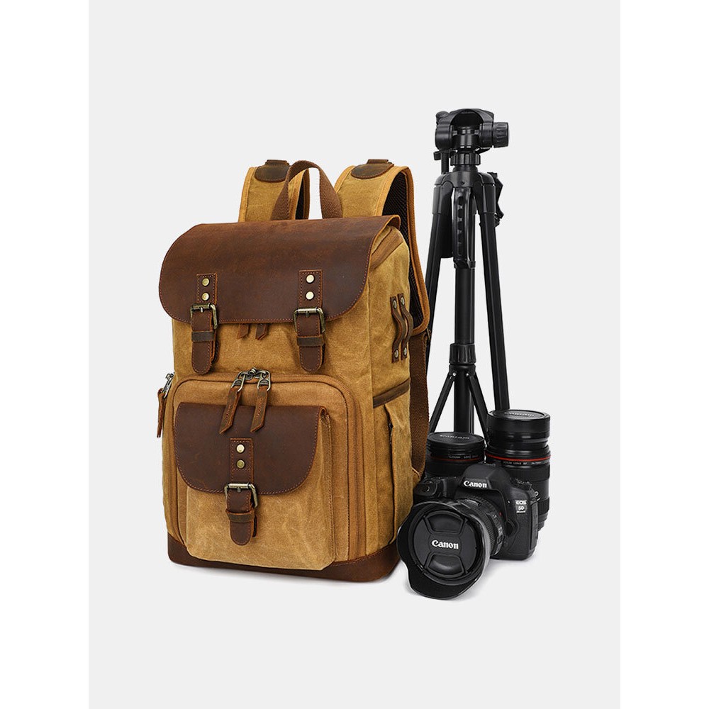 Men Genuine Leather Retro Waterproof Breathable Camera Bag Backpack