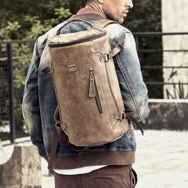 Men Large Capacity Leather Outdoor Travel Backpack Bucket Bag