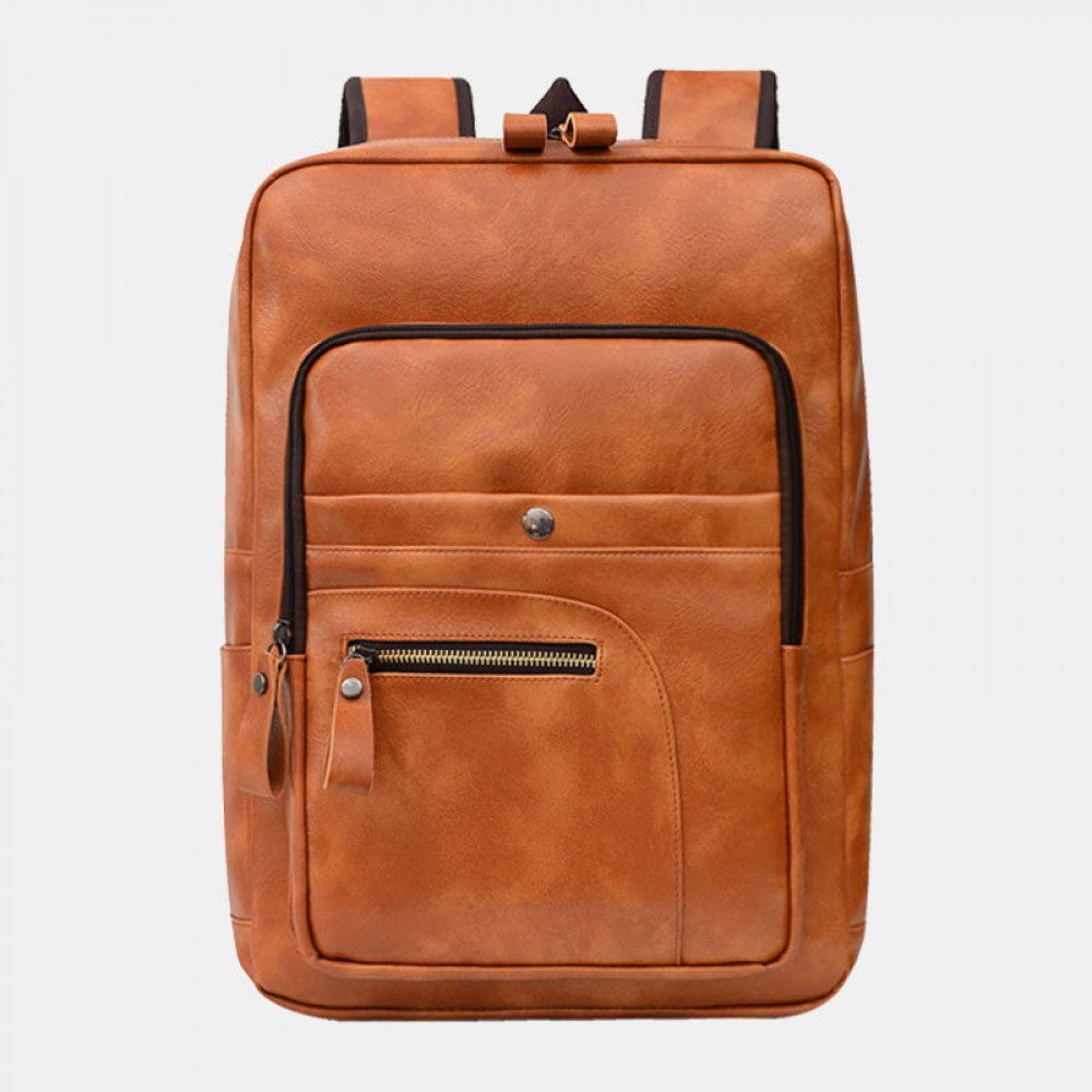 Men Leather 15.6 Inch Vintage Multi-pocket Laptop Bag Backpack