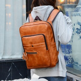 Men Leather 15.6 Inch Vintage Multi-pocket Laptop Bag Backpack