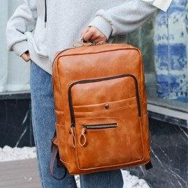 Men Leather 15.6 Inch Vintage Multi-pocket Laptop Bag Backpack