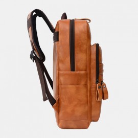 Men Leather 15.6 Inch Vintage Multi-pocket Laptop Bag Backpack