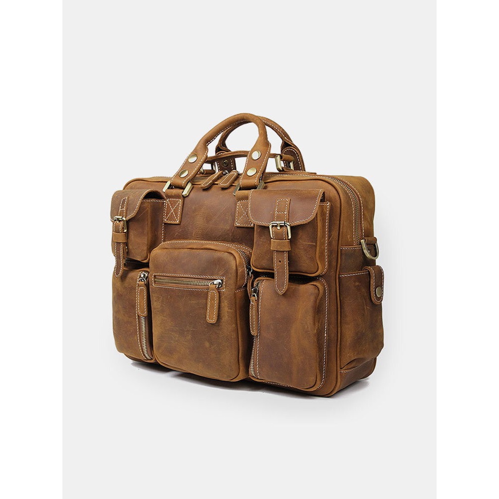 Men Leather Briefcase 14 Inch Soft Genuine Leather Multifuntion Laptop Messenger Bag