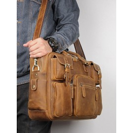 Men Leather Briefcase 14 Inch Soft Genuine Leather Multifuntion Laptop Messenger Bag