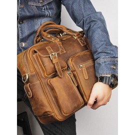 Men Leather Briefcase 14 Inch Soft Genuine Leather Multifuntion Laptop Messenger Bag