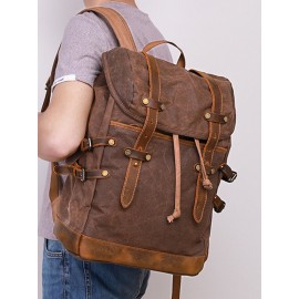 Men Outdoor Waterproof Genuine Leather Canvas Patchwork Retro Hiking Backpack