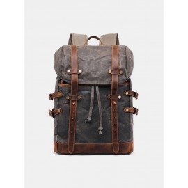 Men Outdoor Waterproof Genuine Leather Canvas Patchwork Retro Hiking Backpack