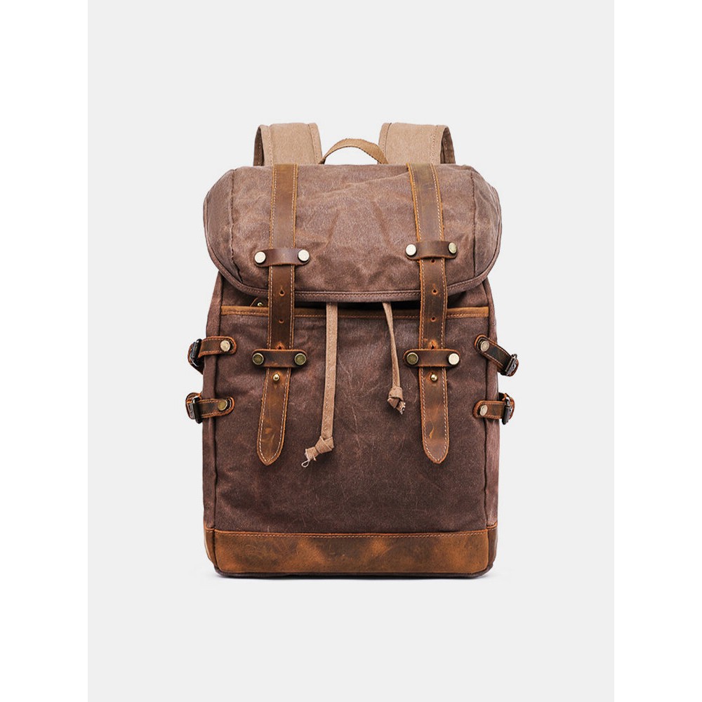 Men Outdoor Waterproof Genuine Leather Canvas Patchwork Retro Hiking Backpack