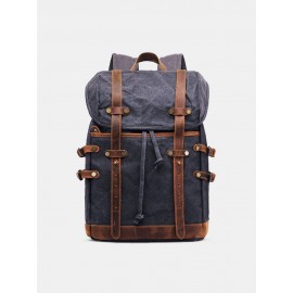 Men Outdoor Waterproof Genuine Leather Canvas Patchwork Retro Hiking Backpack