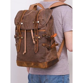 Men Outdoor Waterproof Genuine Leather Canvas Patchwork Retro Hiking Backpack